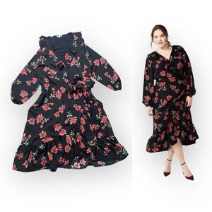 Draper James RSVP Wrap Dress Womens 1X MIDI Rose Floral Ruffle Long Sleeve